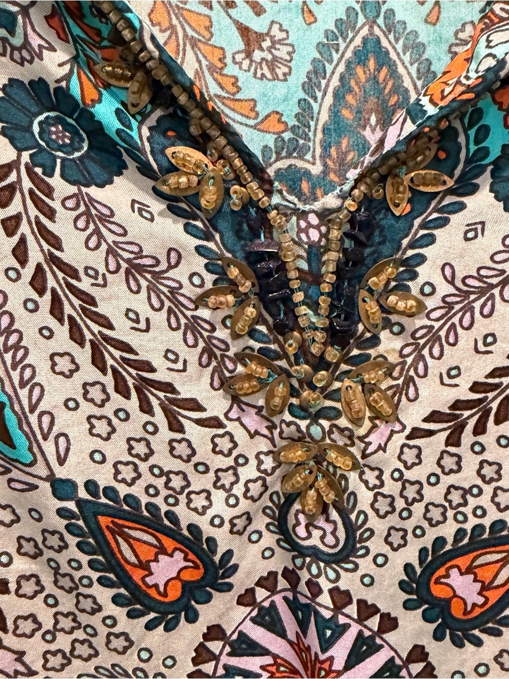 Sundance Catalog Tunic Top Blouse Women’s L 100% Silk Paisley V-Neck Beaded Boho - Picture 4 of 8